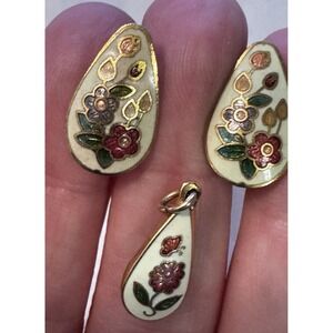 Vintage Estate Cloisonné Enamel Floral Pendant Necklace Clip On Earrings Set